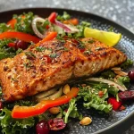 ['Close-up view of juicy Cajun Salmon fillet garnished with vegetables.', 'Side perspective of a perfectly cooked Cajun Salmon with bell peppers and seasoning.', 'Detailed shot of Cajun Salmon, showcasing its rich color and texture.', 'Appetizing close-up of Cajun-seasoned salmon with chopped vegetables.']