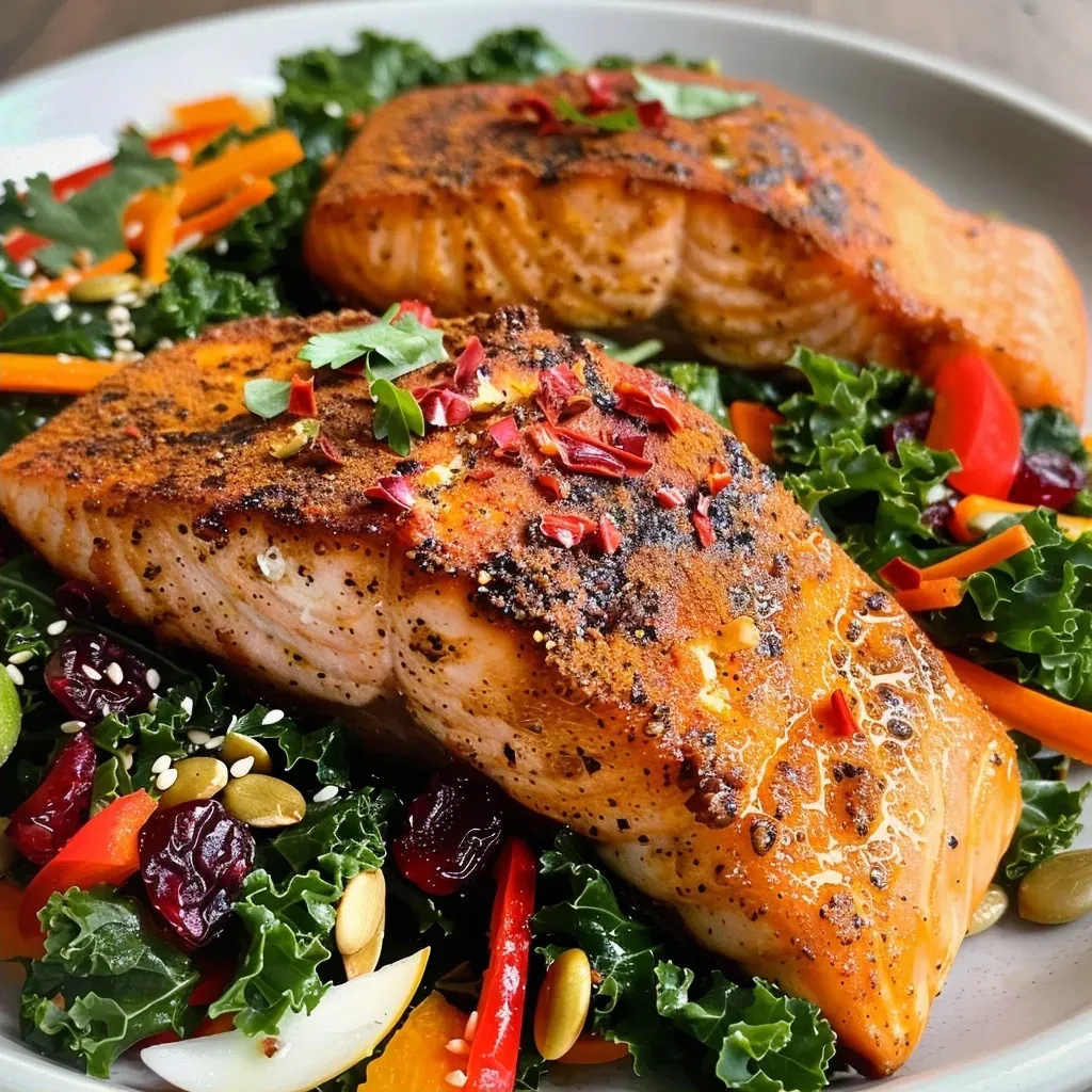 Close-up view of a juicy Cajun salmon fillet, showcasing its spices and texture.