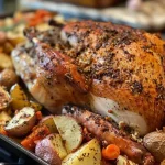 ['Juicy Cajun-style baked turkey breast with colorful vegetables, side view.', 'Close-up of a roasted turkey breast with vibrant carrots, potatoes, and peppers.', 'Succulent turkey breast seasoned with spices, surrounded by bright vegetables.', 'Tender Cajun turkey breast with a medley of carrots, red potatoes, and bell peppers.']