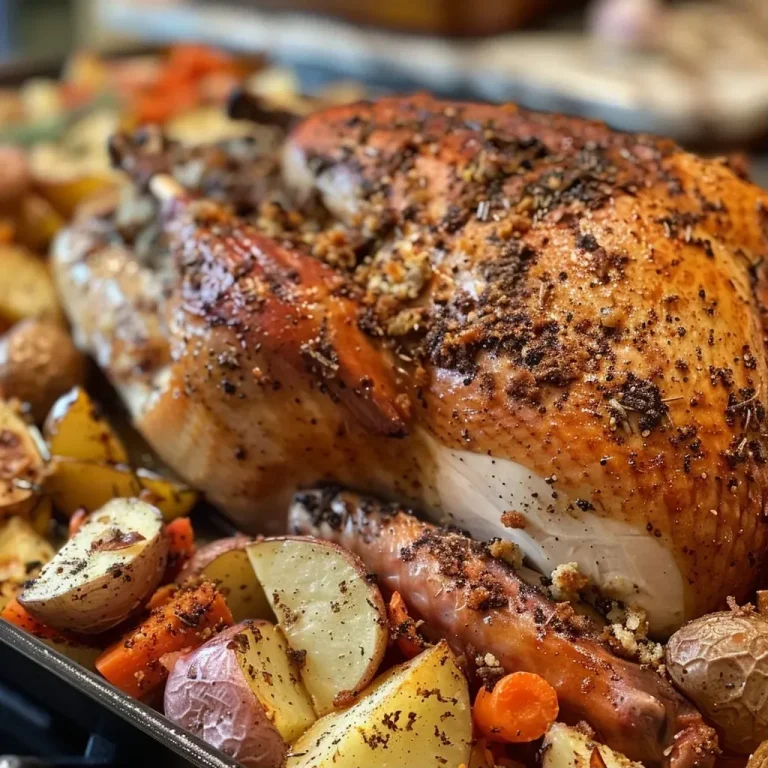 ['Juicy Cajun-style baked turkey breast with colorful vegetables, side view.', 'Close-up of a roasted turkey breast with vibrant carrots, potatoes, and peppers.', 'Succulent turkey breast seasoned with spices, surrounded by bright vegetables.', 'Tender Cajun turkey breast with a medley of carrots, red potatoes, and bell peppers.']