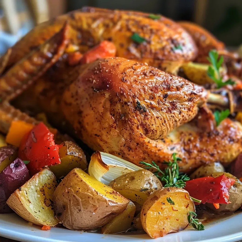 Juicy Cajun-style baked turkey breast with colorful vegetables, side view.