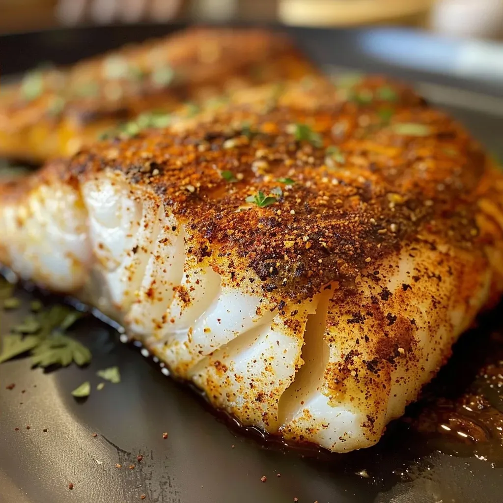 ['Close-up side view of Cajun Style Blackened Cod fillets, golden brown with spices.', 'Juicy Cajun Style Blackened Cod on a plate, showcasing a crispy, seasoned crust.', 'Freshly cooked blackened cod fillets, garnished and presented from a side angle.', 'Side view of a perfectly seasoned Cajun Cod fillet, highlighting its rich texture.']