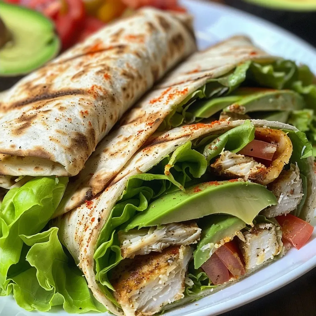 ['Juicy Cajun Turkey Avocado Wraps on a plate, showcasing vibrant colors and textures.', 'Side view of a delicious wrap filled with turkey, avocado, and fresh veggies.', 'Close-up of a tortilla wrap loaded with Cajun turkey, lettuce, tomato, and avocado slices.', 'A beautifully arranged Cajun Turkey Avocado Wrap with visible ingredients.']