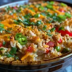 ['A side view close-up of a baked Cajun Turkey Casserole with melted cheese on top.', 'Juicy Cajun Turkey Casserole featuring a golden-brown crust and colorful vegetables.', 'A hearty dish of Cajun Turkey Casserole showcasing creamy cheese and vibrant ingredients.', 'Close-up view of a serving of Cajun Turkey Casserole with diced turkey and green beans.']