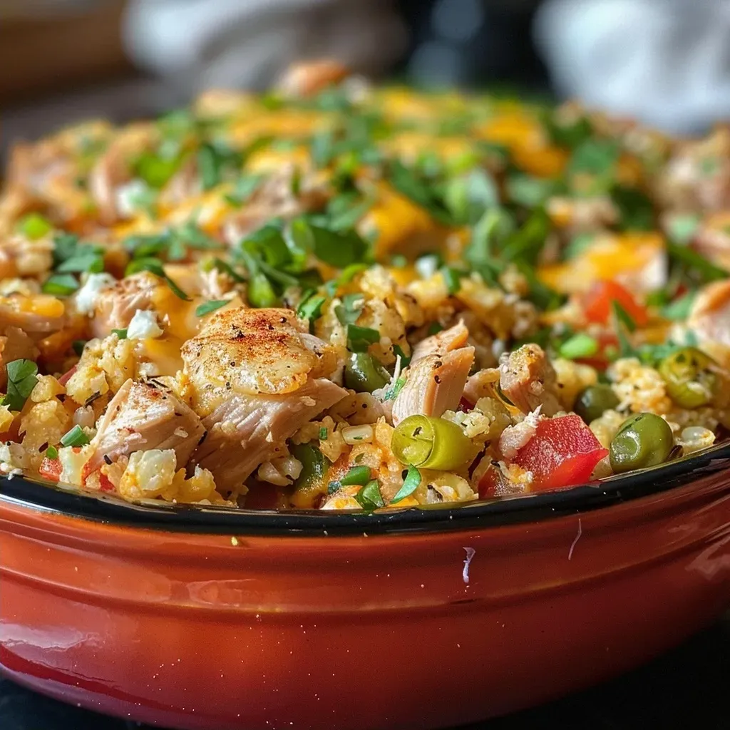 ['A side view close-up of a baked Cajun Turkey Casserole with melted cheese on top.', 'Juicy Cajun Turkey Casserole featuring a golden-brown crust and colorful vegetables.', 'A hearty dish of Cajun Turkey Casserole showcasing creamy cheese and vibrant ingredients.', 'Close-up view of a serving of Cajun Turkey Casserole with diced turkey and green beans.']