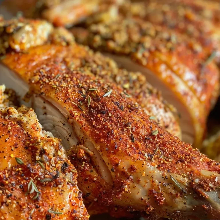['Close-up view of a juicy Cajun Turkey Rub spread over raw turkey.', 'Side profile of a raw turkey coated with a flavorful Cajun seasoning blend.', 'Detailed image highlighting a Cajun spice rub on a whole turkey.', 'Freshly prepared Cajun Turkey Rub on the surface of an uncooked turkey.']