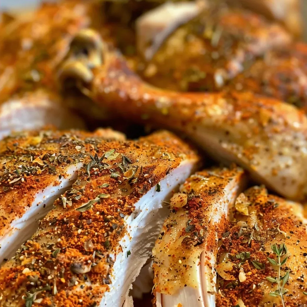 ['Close-up view of a juicy Cajun Turkey Rub spread over raw turkey.', 'Side profile of a raw turkey coated with a flavorful Cajun seasoning blend.', 'Detailed image highlighting a Cajun spice rub on a whole turkey.', 'Freshly prepared Cajun Turkey Rub on the surface of an uncooked turkey.']
