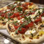 ['Close-up of Caprese Naan Flatbread with vibrant cherry tomatoes and fresh basil.', 'Side view of delicious Caprese Naan Flatbread topped with mozzarella and feta.', 'Juicy Caprese Naan Flatbread featuring olive oil drizzle and balsamic glaze.', 'Mouthwatering Caprese Naan Flatbread showing colorful ingredients and creamy feta.']