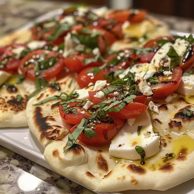 ['Close-up of Caprese Naan Flatbread with vibrant cherry tomatoes and fresh basil.', 'Side view of delicious Caprese Naan Flatbread topped with mozzarella and feta.', 'Juicy Caprese Naan Flatbread featuring olive oil drizzle and balsamic glaze.', 'Mouthwatering Caprese Naan Flatbread showing colorful ingredients and creamy feta.']