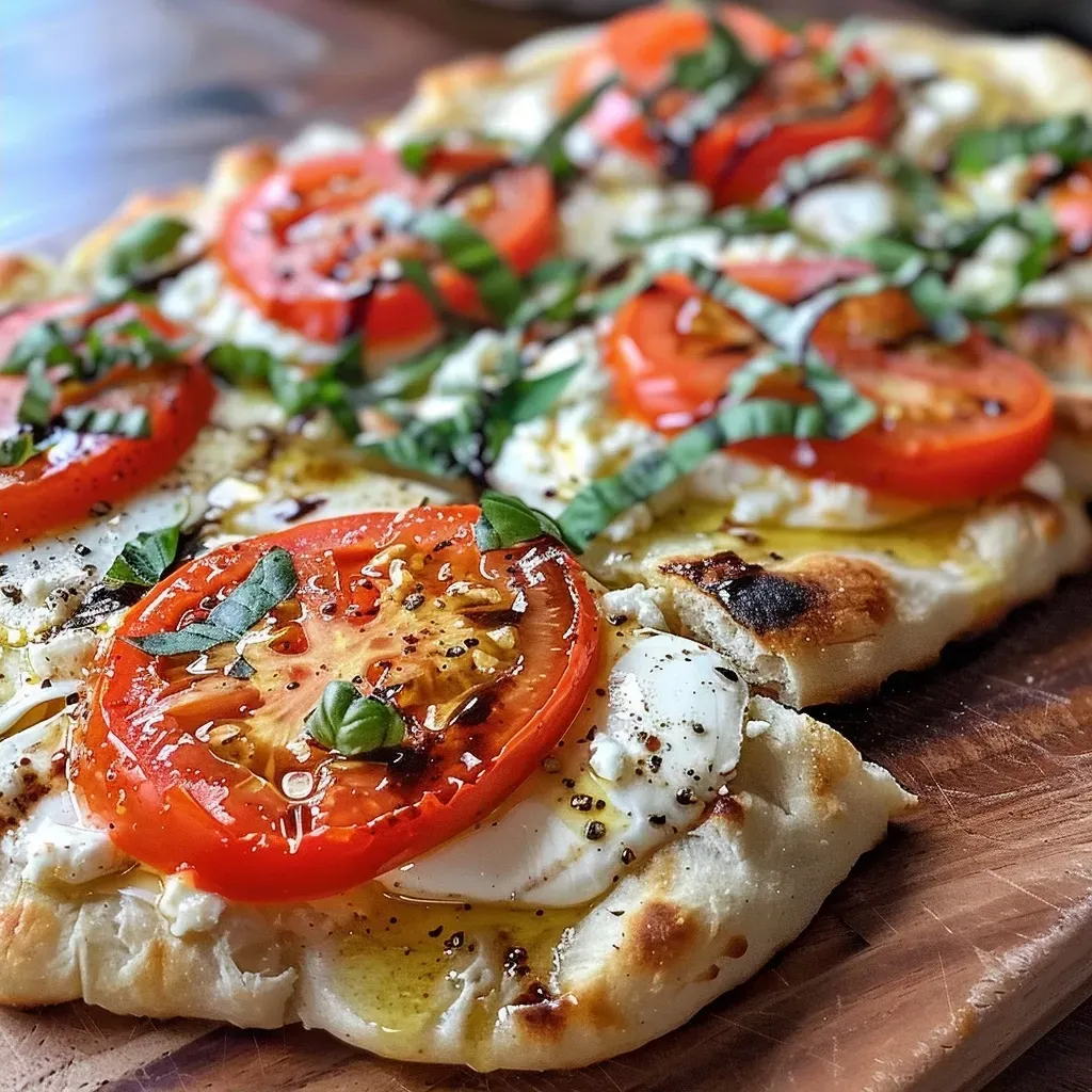 ['Close-up of Caprese Naan Flatbread with vibrant cherry tomatoes and fresh basil.', 'Side view of delicious Caprese Naan Flatbread topped with mozzarella and feta.', 'Juicy Caprese Naan Flatbread featuring olive oil drizzle and balsamic glaze.', 'Mouthwatering Caprese Naan Flatbread showing colorful ingredients and creamy feta.']