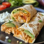 ['Juicy Cheesy Buffalo Chicken Burritos arranged on a plate.', 'Close-up side view of burritos filled with shredded chicken and cheese.', 'Delicious burritos with avocado and fresh toppings, showcasing melted cheese.', 'A plate of hearty buffalo chicken burritos garnished with lettuce and tomatoes.']