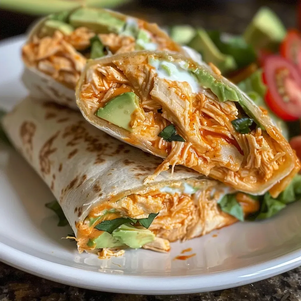 ['Juicy Cheesy Buffalo Chicken Burritos arranged on a plate.', 'Close-up side view of burritos filled with shredded chicken and cheese.', 'Delicious burritos with avocado and fresh toppings, showcasing melted cheese.', 'A plate of hearty buffalo chicken burritos garnished with lettuce and tomatoes.']