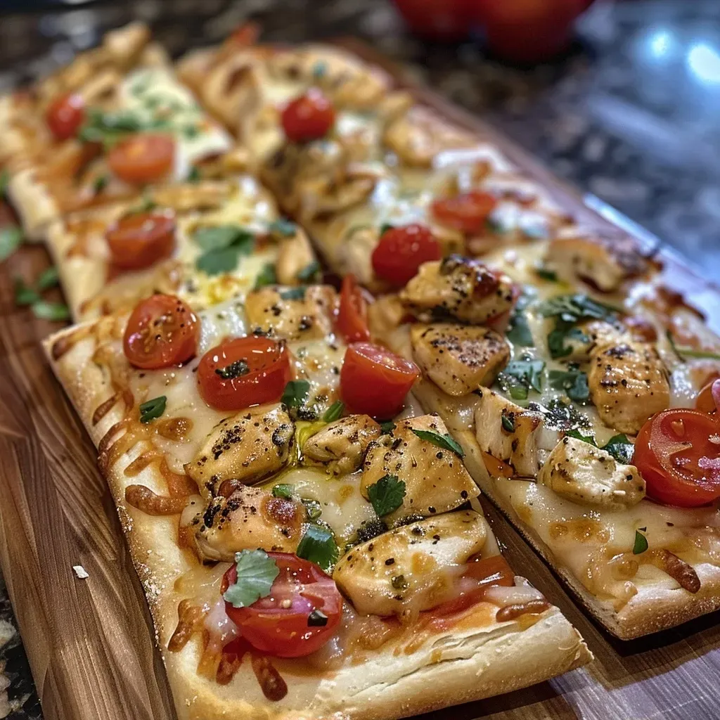 ['Close-up view of a Chicken Flatbread topped with melted cheese and vibrant vegetables.', 'Side angle of a Chicken Flatbread showcasing chicken, cheese, and colorful toppings.', 'Juicy Chicken Flatbread with diced tomatoes and cilantro, captured in detail.', 'Delicious Chicken Flatbread featuring golden-brown edges and fresh ingredients.']