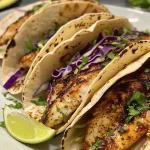 ['Close-up view of chili lime tilapia tacos with vibrant toppings.', 'Side view of delicious tilapia tacos featuring lime and chili seasoning.', 'Juicy chili lime tilapia tacos served in warm tortillas with fresh toppings.', 'Detailed image of tilapia tacos garnished with avocado and cilantro.']