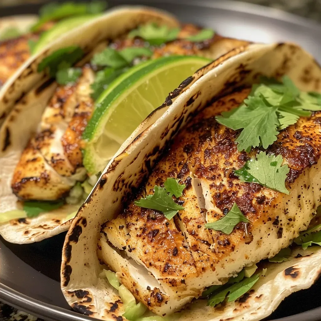 Close-up view of chili lime tilapia tacos with vibrant toppings.