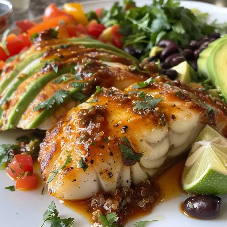 ['A close-up side view of Chipotle Baked Cod topped with jammy peppers.', 'Juicy Chipotle Baked Cod fillets served with colorful sliced bell peppers.', 'Detail of Chipotle Baked Cod garnished with peppers and herbs on a plate.', 'Side view of a dish featuring Chipotle Baked Cod with vibrant vegetables.']