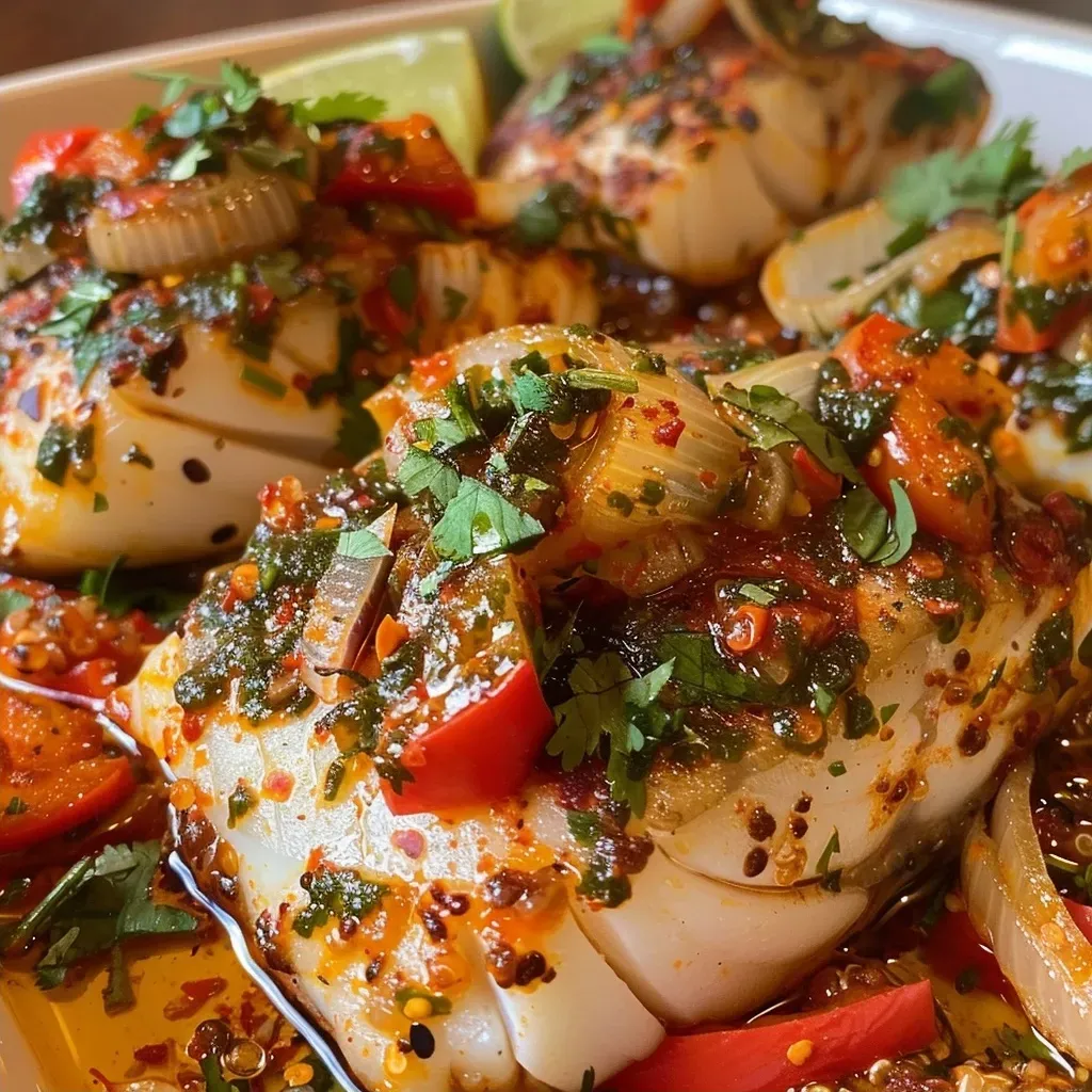 A close-up side view of Chipotle Baked Cod topped with jammy peppers.
