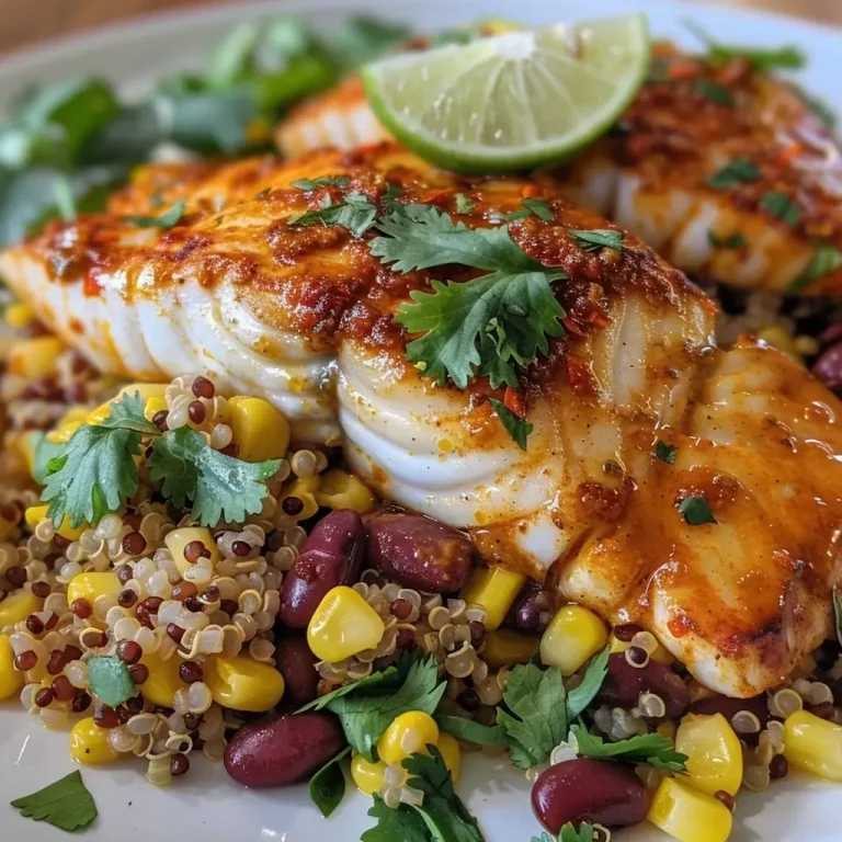 ['Close-up of a plate featuring Chipotle cod with quinoa, garnished with lime and coriander.', 'Side view of delicious Chipotle cod served over zesty quinoa, with colorful ingredients visible.', 'Detailed image of juicy Chipotle cod beside vibrant quinoa and lime wedges on a plate.', "A close-up shot of Chipotle cod with quinoa, showcasing the dish's textures and fresh garnishes."]