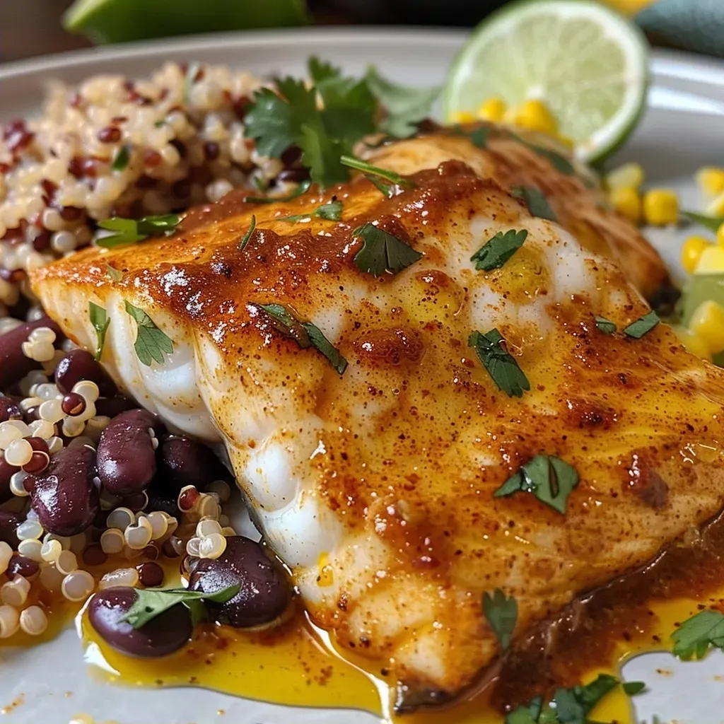 Close-up of a plate featuring Chipotle cod with quinoa, garnished with lime and coriander.