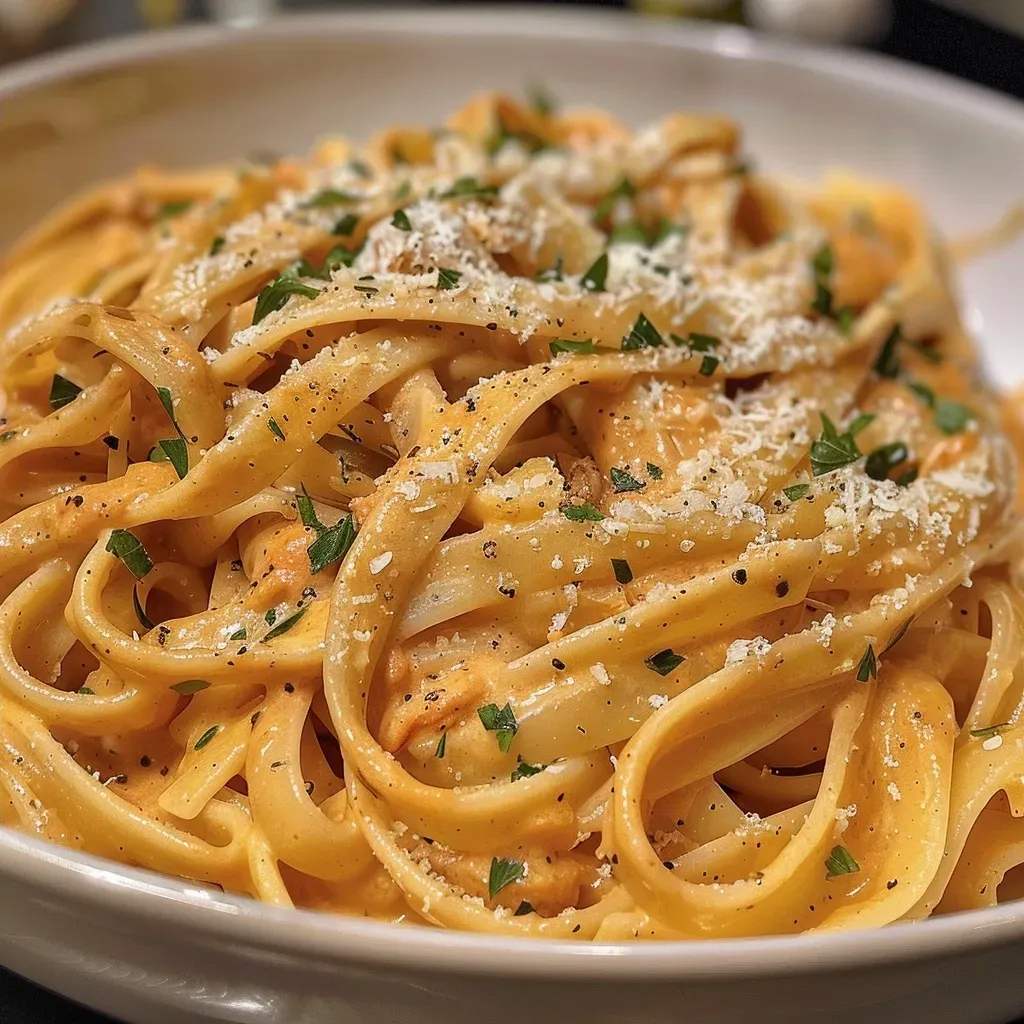 A close-up view of fettuccini pasta in a creamy chipotle sauce, garnished with parsley.