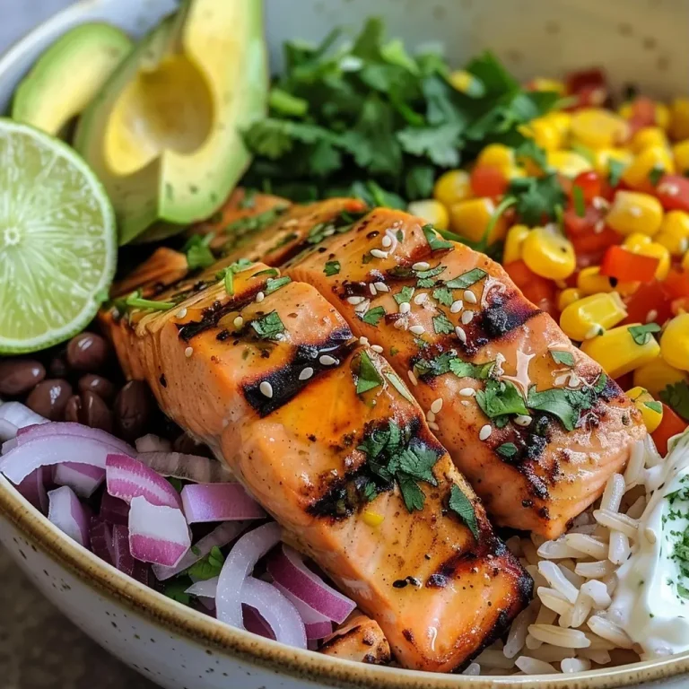 ['Close-up view of Chipotle Honey Salmon Bowl featuring salmon fillets, rice, avocado, and toppings.', 'Side view of a delicious Chipotle Honey Salmon Bowl with vibrant ingredients including black beans and corn.', 'Detailed close-up of a colorful Chipotle Honey Salmon Bowl, showcasing salmon glistening with honey glaze.', 'Mouthwatering Chipotle Honey Salmon Bowl with fresh ingredients, including lime wedges and cilantro.']