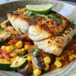 ['A juicy fillet of Chipotle Lime Cod served with colorful sautéed summer vegetables.', 'Close-up view of a flavorful Chipotle Lime Cod dish with corn, mushrooms, and zucchini.', 'A side view of a perfectly cooked cod filet seasoned with chipotle and lime, surrounded by vibrant veggies.', 'A fresh plate featuring Chipotle Lime Cod alongside a medley of sautéed corn, zucchini, and mushrooms.']