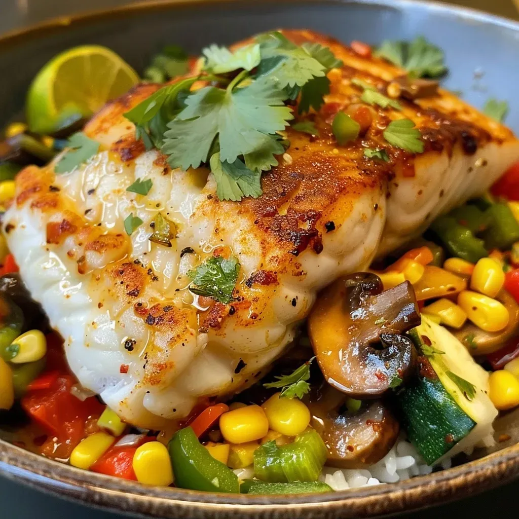 ['A juicy fillet of Chipotle Lime Cod served with colorful sautéed summer vegetables.', 'Close-up view of a flavorful Chipotle Lime Cod dish with corn, mushrooms, and zucchini.', 'A side view of a perfectly cooked cod filet seasoned with chipotle and lime, surrounded by vibrant veggies.', 'A fresh plate featuring Chipotle Lime Cod alongside a medley of sautéed corn, zucchini, and mushrooms.']