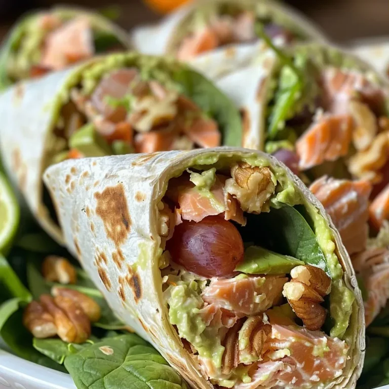 ['Close-up view of Chipotle Lime Salmon Salad Wraps with vibrant ingredients.', 'Juicy salmon salad wraps with colorful components on a plate.', 'Side view of a wrap filled with salmon, walnuts, and spinach.', 'Fresh and healthy salmon salad wraps featuring chipotle lime mayo.']