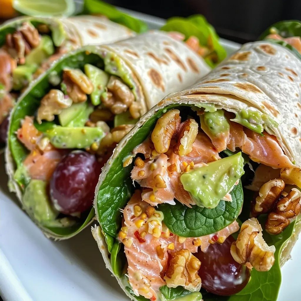 ['Close-up view of Chipotle Lime Salmon Salad Wraps with vibrant ingredients.', 'Juicy salmon salad wraps with colorful components on a plate.', 'Side view of a wrap filled with salmon, walnuts, and spinach.', 'Fresh and healthy salmon salad wraps featuring chipotle lime mayo.']