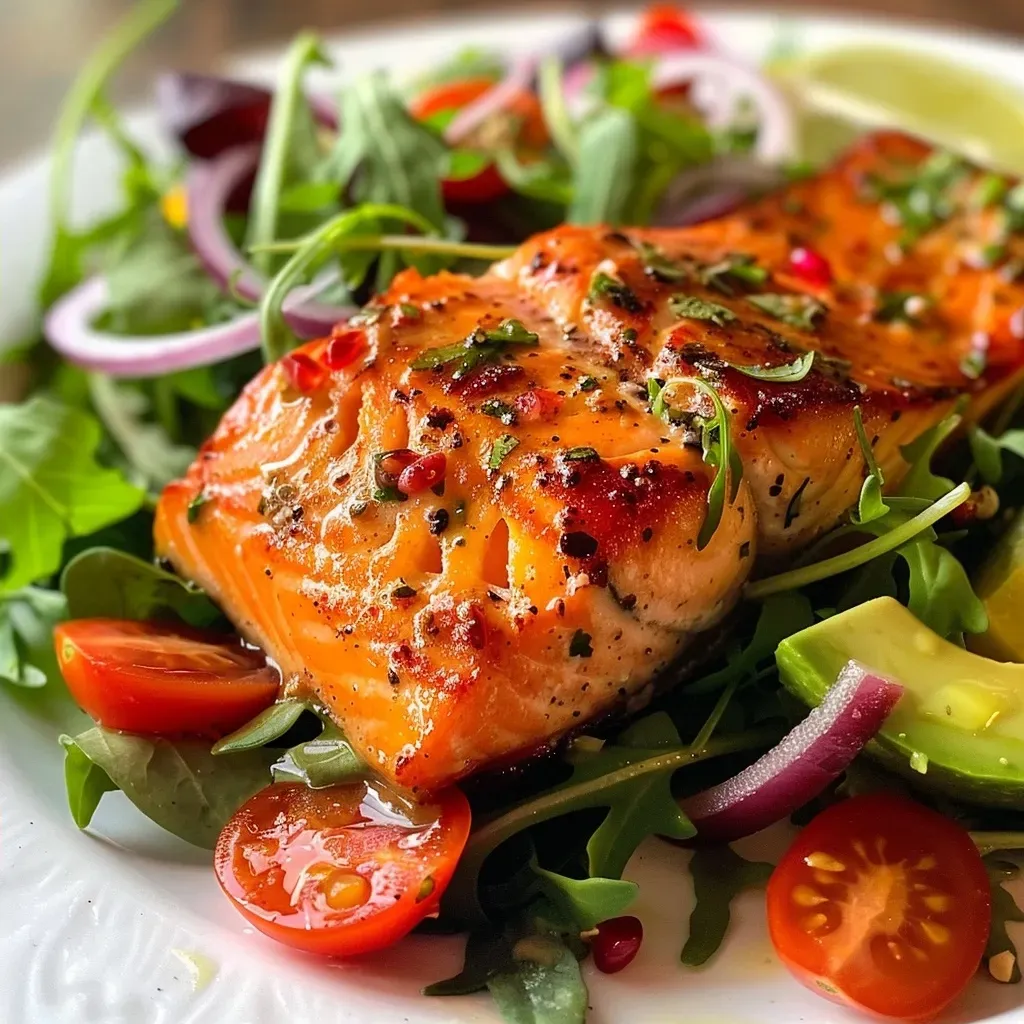 ['A close-up view of a vibrant Chipotle Salmon Salad topped with fresh ingredients.', 'A side perspective photo showcasing a colorful salad with salmon, greens, and cherry tomatoes.', 'Detailed image of a Chipotle Salmon Salad featuring mixed greens, avocado, and cilantro lime dressing.', 'Close-up of a delicious salmon salad garnished with cherry tomatoes and red onion, drizzled with vinaigrette.']