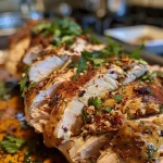 ['Juicy Chipotle Turkey Breast Roast garnished with cilantro on a wooden cutting board.', 'Side view of a succulent Chipotle Turkey Breast Roast glistening with sauce.', 'Close-up of a roasted turkey breast with a golden-brown crust and cilantro garnish.', 'Deliciously seasoned Chipotle Turkey Breast Roast displayed on a plate with orange juice.']