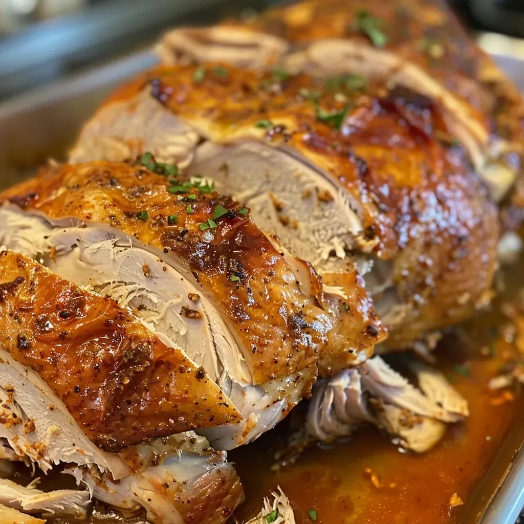 Juicy Chipotle Turkey Breast Roast garnished with cilantro on a wooden cutting board.