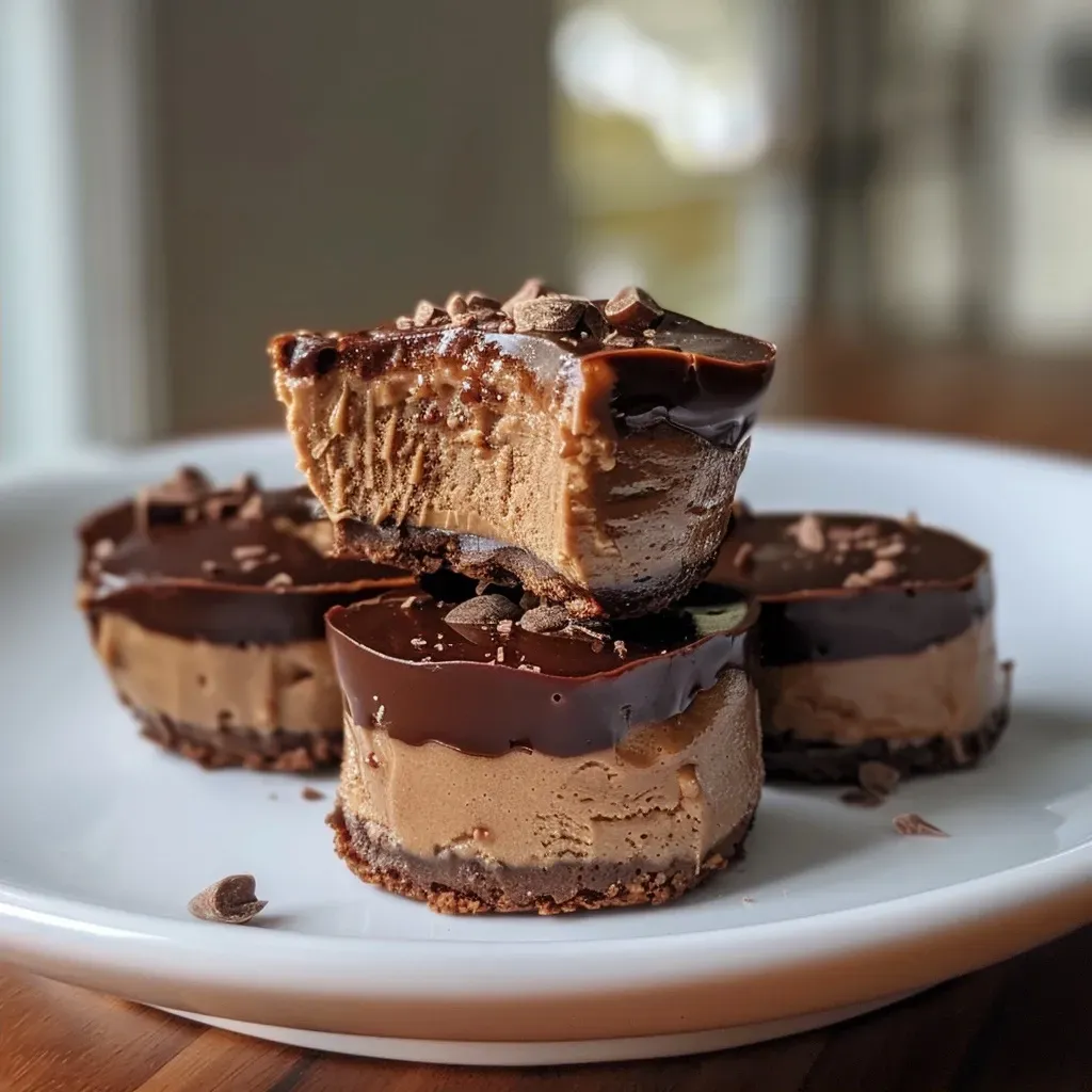 ['Close-up view of chocolate peanut butter Greek yogurt mousse bites arranged on a plate.', 'Side view of rich chocolate peanut butter mousse bites, showcasing their creamy texture.', 'Detail shot of delectable mousse bites made from Greek yogurt and chocolate, garnished attractively.', 'Close-up of luscious Greek yogurt mousse bites, highlighting the chocolate and peanut butter ingredients.']