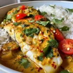 ['Close-up view of a plated Coconut Curry Baked Cod fillet topped with cherry tomatoes and cilantro.', 'Side view of juicy baked cod in coconut curry sauce garnished with fresh herbs and colorful tomatoes.', 'Detailed shot of Coconut Curry Baked Cod with a creamy sauce and vibrant ingredients.', 'A succulent piece of baked cod marinated in coconut curry, served alongside rice.']