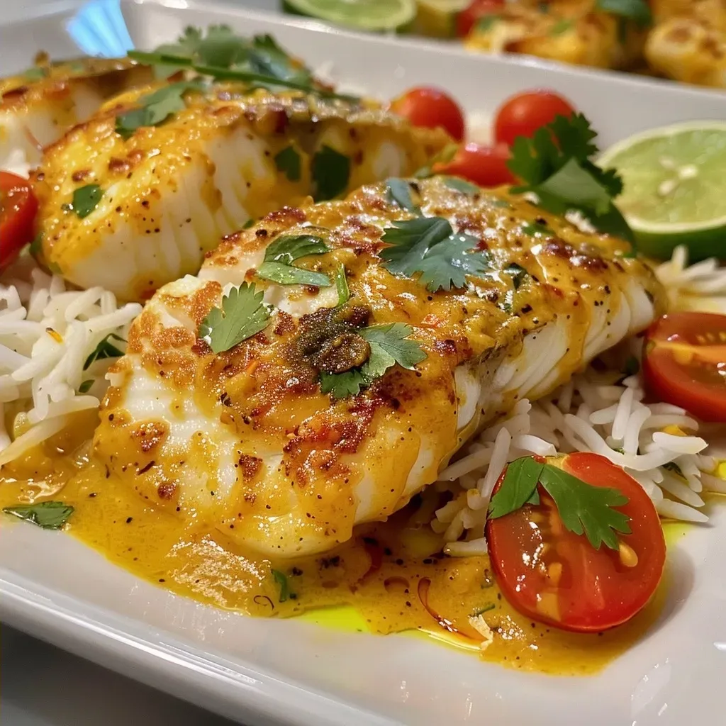 Close-up view of a plated Coconut Curry Baked Cod fillet topped with cherry tomatoes and cilantro.