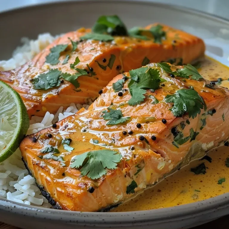 ['A close-up side view of a plate of coconut curry salmon with herbs.', 'Juicy salmon fillets coated in vibrant coconut curry sauce, garnished with cilantro.', 'A serving of coconut curry salmon with rice, highlighting the rich texture and colors.', 'Salmon fillets in a creamy curry sauce, set against a background of jasmine rice.']