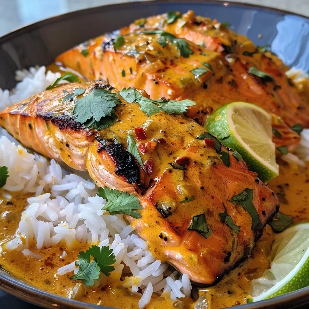 ['A close-up side view of a plate of coconut curry salmon with herbs.', 'Juicy salmon fillets coated in vibrant coconut curry sauce, garnished with cilantro.', 'A serving of coconut curry salmon with rice, highlighting the rich texture and colors.', 'Salmon fillets in a creamy curry sauce, set against a background of jasmine rice.']