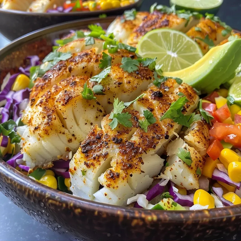 A close-up side view of a colorful Cod Fish Taco Bowl, showcasing juicy cod, vibrant slaw, and fresh ingredients.