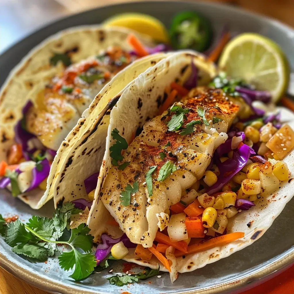 Close-up of juicy cod fish tacos served on a plate with colorful toppings.