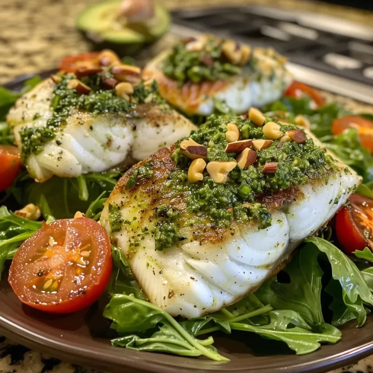 ['A close-up side view of a vibrant Cod Salad featuring fillets of Atlantic cod and a lush basil-walnut pesto.', 'A juicy Cod Salad garnished with fresh ingredients including cherry tomatoes and avocado, highlighted with a basil-walnut sauce.', 'A colorful plate of Cod Salad showcasing flaky cod fillets drizzled with a creamy basil-walnut pesto, surrounded by greens and tomatoes.', 'An appetizing side view of a Cod Salad topped with slices of avocado and sprinkled with roasted pumpkin seeds.']