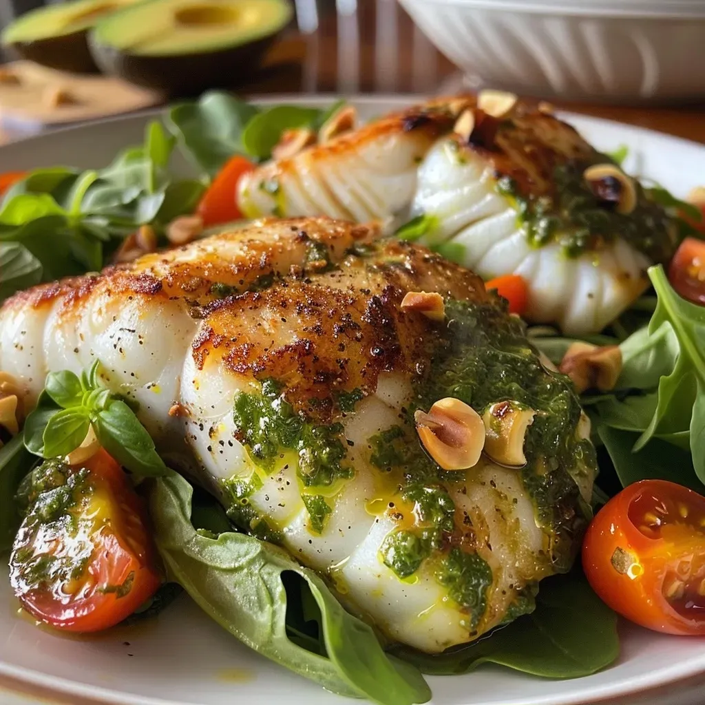 ['A close-up side view of a vibrant Cod Salad featuring fillets of Atlantic cod and a lush basil-walnut pesto.', 'A juicy Cod Salad garnished with fresh ingredients including cherry tomatoes and avocado, highlighted with a basil-walnut sauce.', 'A colorful plate of Cod Salad showcasing flaky cod fillets drizzled with a creamy basil-walnut pesto, surrounded by greens and tomatoes.', 'An appetizing side view of a Cod Salad topped with slices of avocado and sprinkled with roasted pumpkin seeds.']