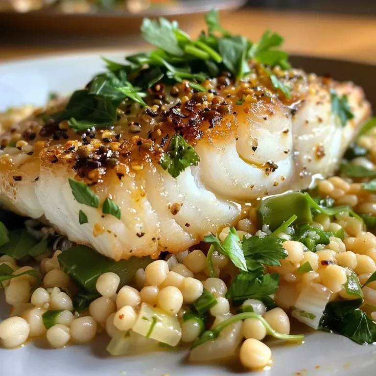 ['Close-up view of a juicy Cod fillet garnished with herbs and super grains.', 'Side view of Cod with vibrant green sauce and colorful grains on a plate.', 'Juicy Cod with herbs, served with giant couscous and courgettes.', 'A plated dish featuring Cod, super grains, and a herby green sauce.']