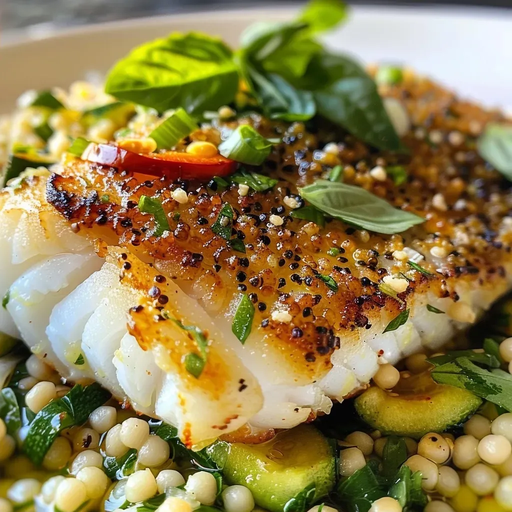 ['Close-up view of a juicy Cod fillet garnished with herbs and super grains.', 'Side view of Cod with vibrant green sauce and colorful grains on a plate.', 'Juicy Cod with herbs, served with giant couscous and courgettes.', 'A plated dish featuring Cod, super grains, and a herby green sauce.']