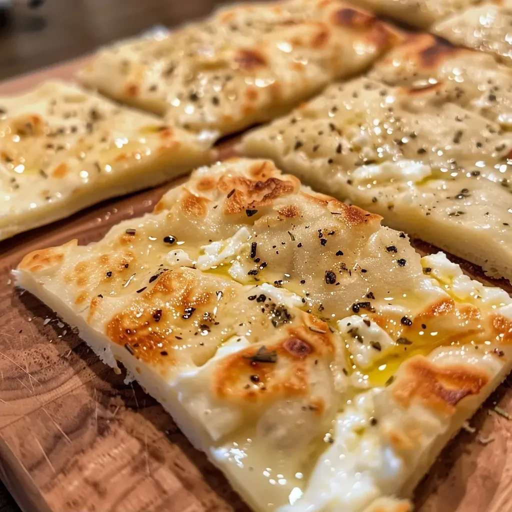 Close-up view of a golden brown Cottage Cheese Flatbread with a soft texture.