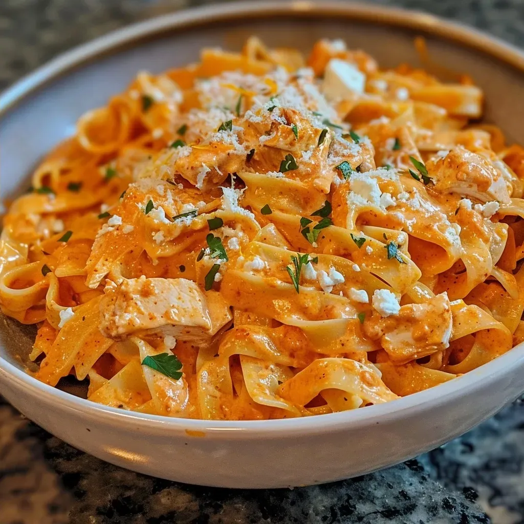 ['Close-up shot of creamy buffalo chicken pasta showcasing rich textures.', 'Side view of a bowl filled with buffalo chicken pasta, highlighting creamy sauce.', 'Juicy and creamy buffalo chicken pasta, with melted cheese garnishing the dish.', 'Detailed image of pasta mixed with buffalo chicken and creamy sauce.']