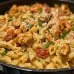 ['Close-up of a creamy Cajun pasta dish with chicken and sun-dried tomatoes.', 'Side view of a delicious creamy pasta dish topped with green onions and parmesan.', 'Juicy Cajun pasta featuring shrimp, surrounded by colorful ingredients.', 'Bowl of creamy pasta with a rich sauce, garnished with herbs and tomatoes.']