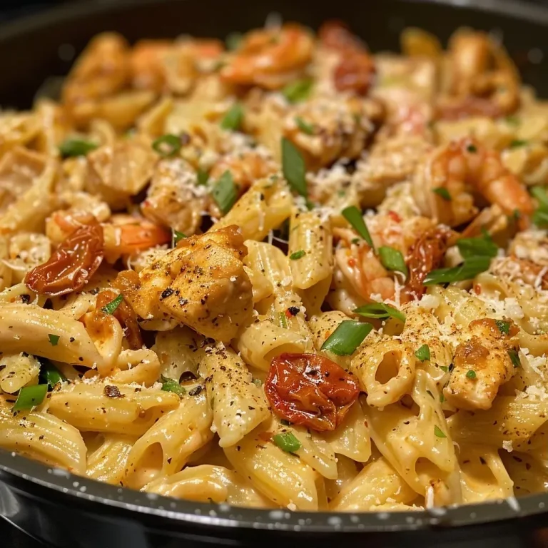 ['Close-up of a creamy Cajun pasta dish with chicken and sun-dried tomatoes.', 'Side view of a delicious creamy pasta dish topped with green onions and parmesan.', 'Juicy Cajun pasta featuring shrimp, surrounded by colorful ingredients.', 'Bowl of creamy pasta with a rich sauce, garnished with herbs and tomatoes.']