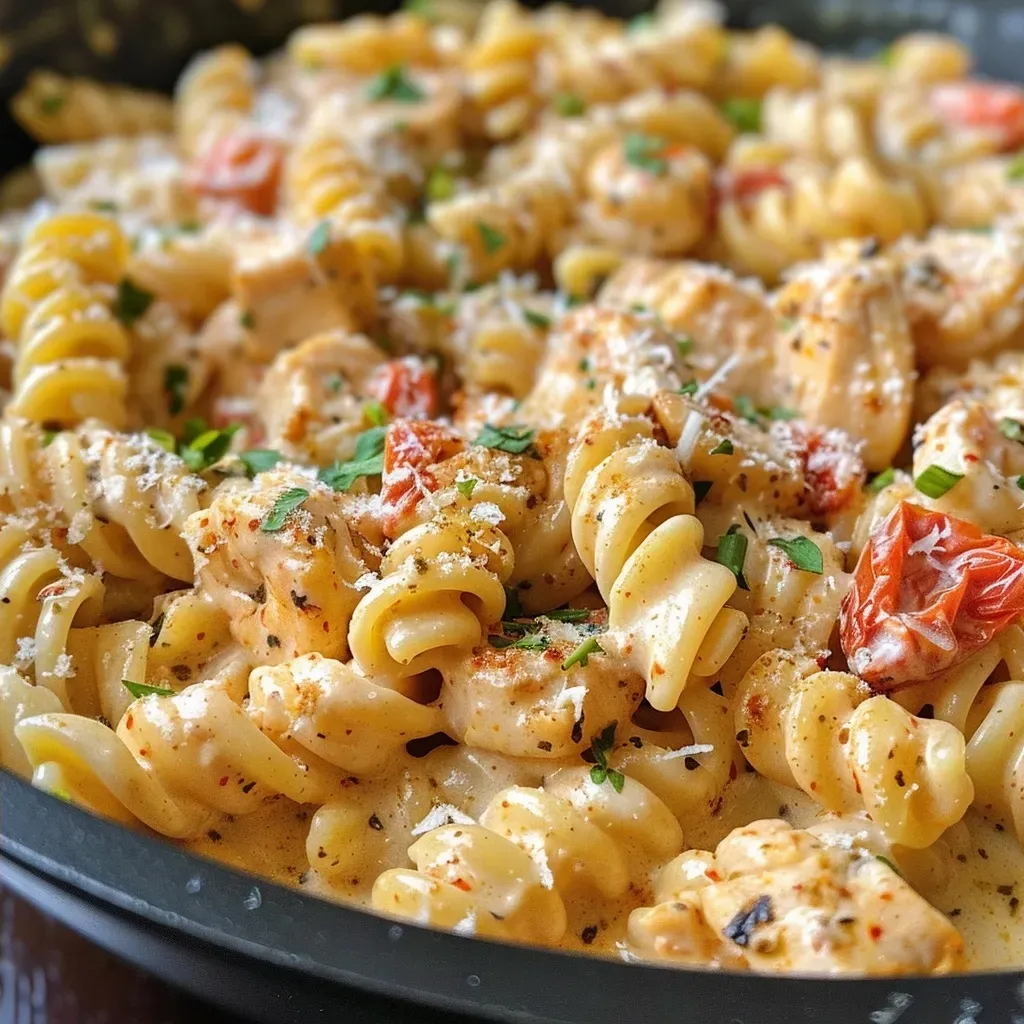 ['Close-up of a creamy Cajun pasta dish with chicken and sun-dried tomatoes.', 'Side view of a delicious creamy pasta dish topped with green onions and parmesan.', 'Juicy Cajun pasta featuring shrimp, surrounded by colorful ingredients.', 'Bowl of creamy pasta with a rich sauce, garnished with herbs and tomatoes.']