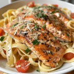 ['Close-up of creamy Cajun salmon pasta with cherry tomatoes and spinach.', 'Side view of a bowl filled with creamy pasta topped with salmon fillets and herbs.', 'Juicy salmon rested on a bed of fettuccine with a creamy Cajun sauce and vegetables.', 'Detailed view of a dish featuring salmon, pasta, and a rich creamy sauce with garnishes.']