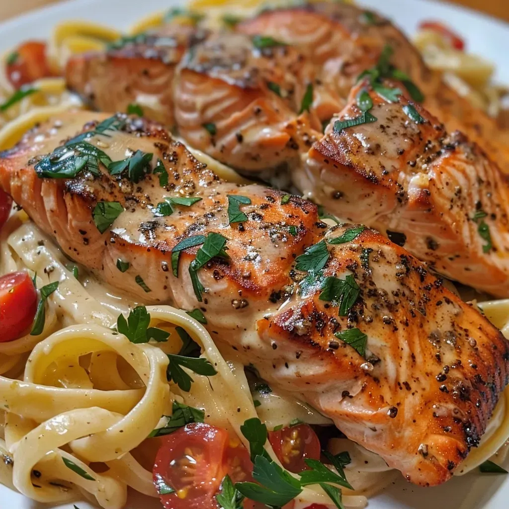 ['Close-up of creamy Cajun salmon pasta with cherry tomatoes and spinach.', 'Side view of a bowl filled with creamy pasta topped with salmon fillets and herbs.', 'Juicy salmon rested on a bed of fettuccine with a creamy Cajun sauce and vegetables.', 'Detailed view of a dish featuring salmon, pasta, and a rich creamy sauce with garnishes.']